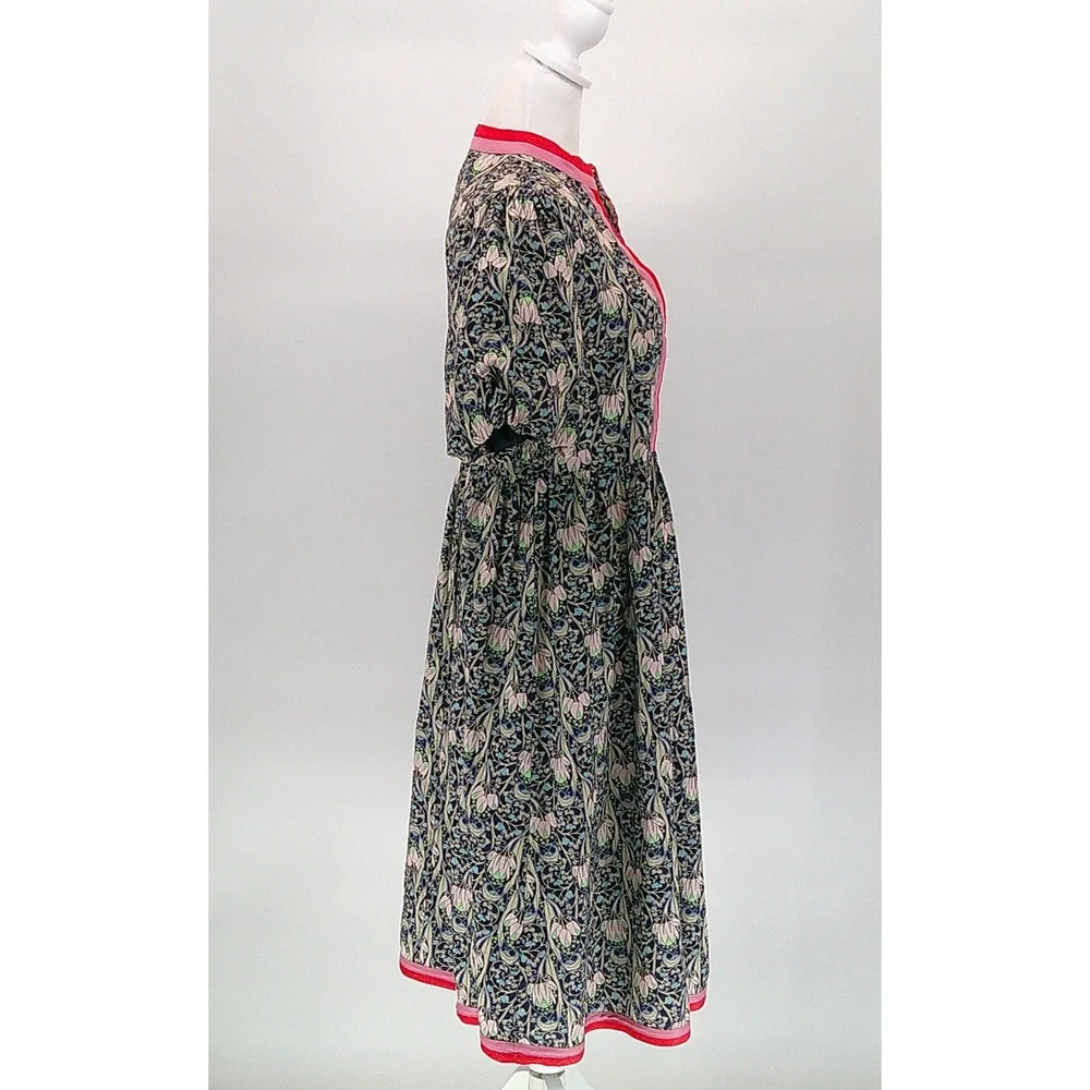Women's Floral Print Midi Dress Sz M Voy Puff Sleeve Boho Chic Navy Pink Casual - Picture 5 of 11